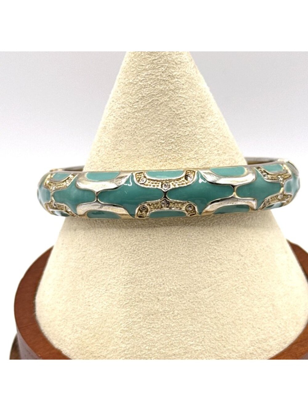 Teal Green Bangle Bracelet Gold Tone Rhinestones Enamel Hinged Clamper 7"